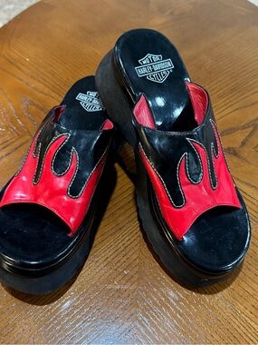 Harley‑Davidson Black and Red Flame Platform Mules